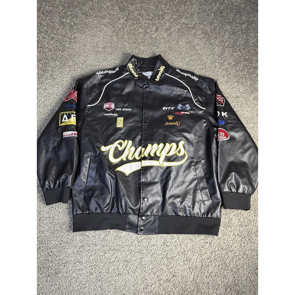 Aelfric Eden Champs Racing Jacket Mens M Black Faux Leather Embroidered Snap